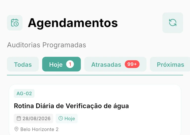 Tela de agendamentos do app GNRx Auditoria, com auditorias programadas e abas de hoje, atrasadas e próximas