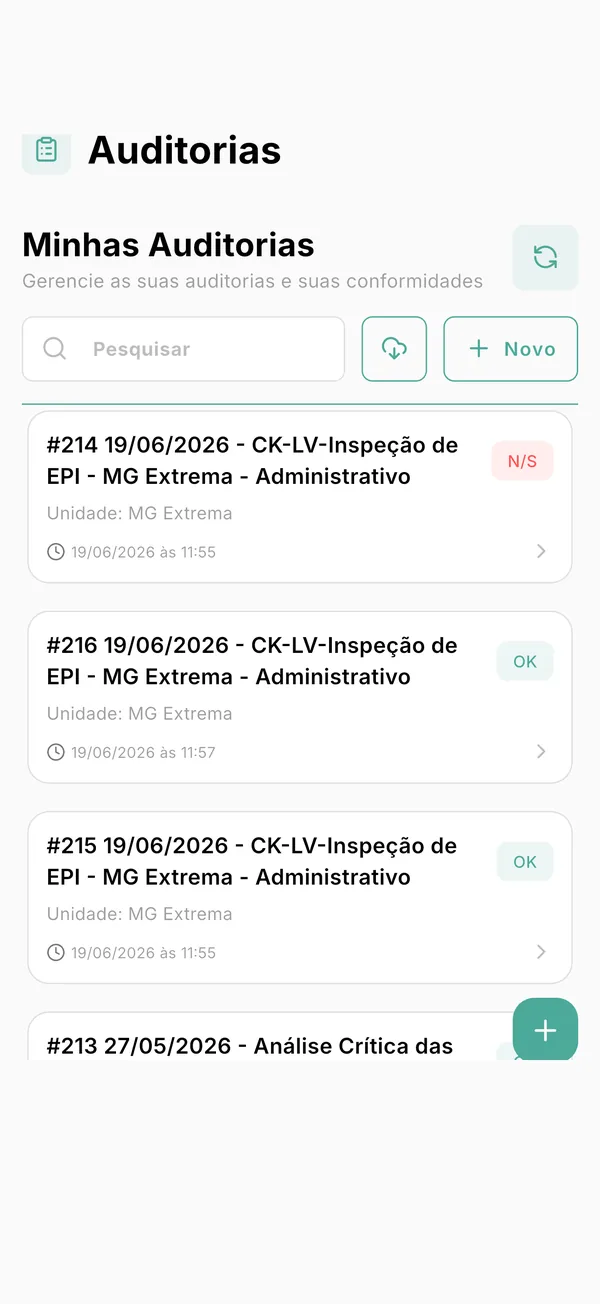 Tela de auditorias do app GNRx Auditoria, com histórico por unidade, data e resultado