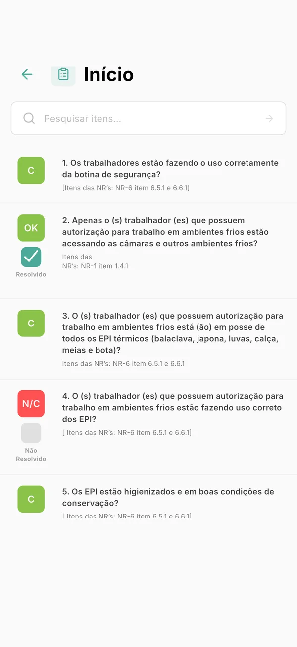 Tela de itens do app GNRx Auditoria, com status conforme e não conforme e o item da NR citado