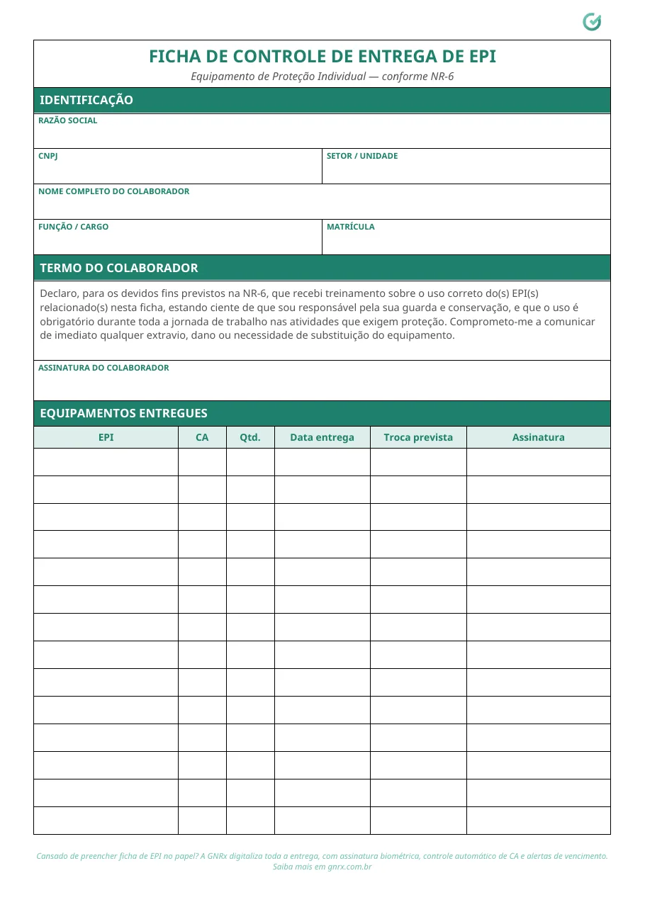Modelo de ficha de EPI para download: identificação do colaborador, termo de responsabilidade NR-6 e tabela de EPI, CA, quantidade, datas e assinatura